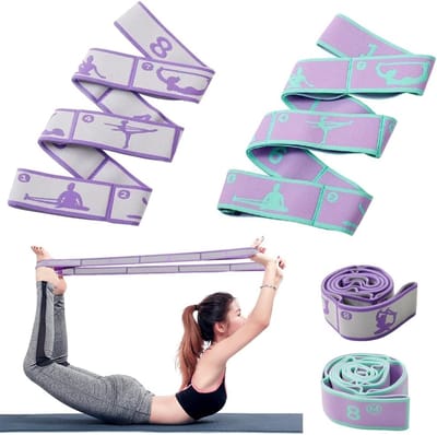 Set van 2 rekbare yoga stretchbanden met 8 lussen, ideaal voor oefeningen, pilates en flexibiliteitstraining.