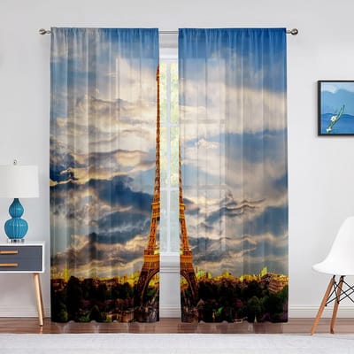 Parijs Eiffeltoren Bomen Europees Stadslandschap Voile Gordijn Raambekleding Tule Gordijnen voor Woonkamer Transparante Gordijnen 1 PCS W100XH250cm&Grommet Top
