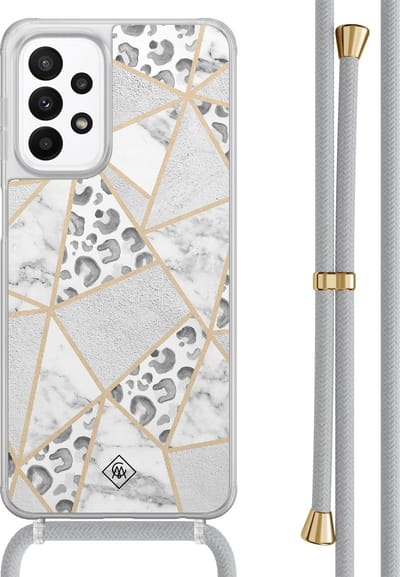 Casimoda® hoesje met grijs koord - Geschikt voor Samsung A23 - Stone & Leopard - Afneembaar koord - TPU/acryl - Grijs