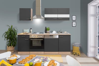 Goedkope keuken 220  cm - complete keuken met apparatuur Merle  - Eiken/Grijs - soft close - elektrische kookplaat - vaatwasser - afzuigkap - oven    - spoelbak