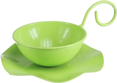 Decoratieve metalen kop met schotel, lichtgroen, H8cm Ø11,5cm, 2 stuks
