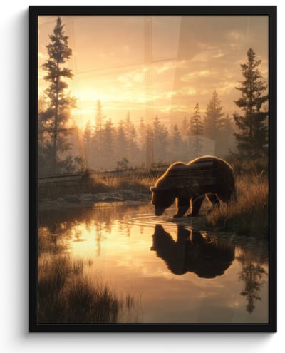 Poster in lijst - Fotolijst 60x80 cm - Posters - Beer - water - Bos - Ochtendlicht - Posterlijst zwart - Decoratie - Wanddecoratie woonkamer - Muurdecoratie slaapkamer