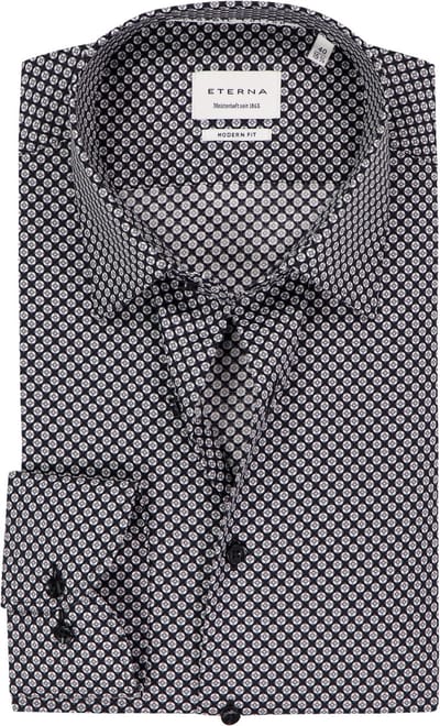 ETERNA modern fit overhemd - twill - zwart met grijs en wit dessin - Strijkvrij - Boordmaat: 39