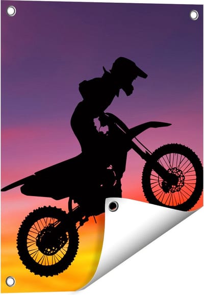 Gards Tuinposter Silhouet van een Motorcross in de Lucht - 40x50 cm - Tuindoek - Tuindecoratie - Wanddecoratie buiten - Tuinschilderij