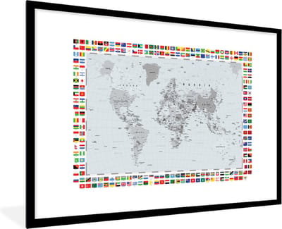 Poster in lijst - Fotolijst 120x80 cm - Posters - Wereldkaart - Vlag - Zwart - Wit - Posterlijst zwart - Decoratie - Wanddecoratie woonkamer - Muurdecoratie slaapkamer