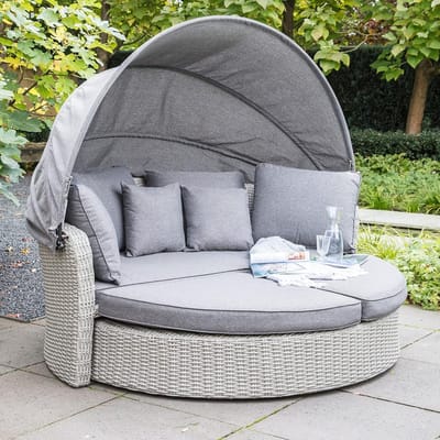 Zonne-eiland XXL Loungebed met Opklapbaar Dak 200x182x161 cm – Luxe Tuinschelp met Kussens & Sierkussens – Polyrotan Grijs – Laura