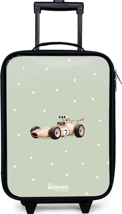 NoBoringSuitcases.com® - Kinderkoffer jongen - Kindertrolley meisje - Beige retro raceauto op groene stippen achtergrond - Koffer kind lichtgewicht - Reiskoffer trolley voor kinderen - Koffertje met lichtgevende wieltjes - Rolkoffer zwart