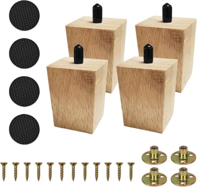Robuuste vierkante meubelpoten van hout voor banken en kasten, set van 4 met vloerbescherming, verkrijgbaar in zwart of natuurlijk hout, 3 hoogtes beschikbaar