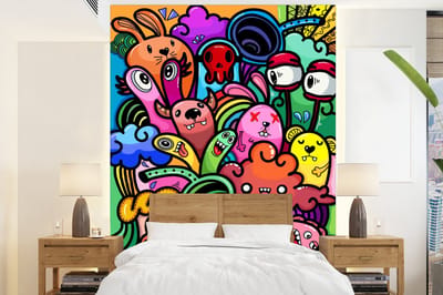 Behang - Fotobehang Design - Monster - Regenboog - Grappig - Meiden - Jongens - Breedte 165 cm x hoogte 220 cm