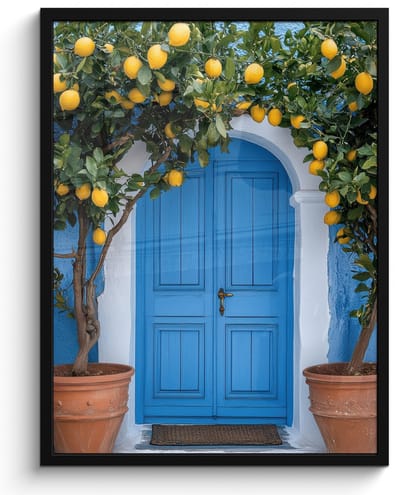 Poster in lijst - Fotolijst 50x70 cm - Posters - Citroenbomen - Geel - Deur - Potten - Posterlijst zwart - Decoratie - Wanddecoratie woonkamer - Muurdecoratie slaapkamer