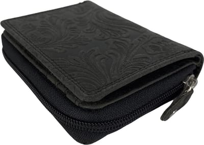 Portemonnee Dames - Buffelleer - Leer - RFID - Bloemenprint - Zwart - Arrigo