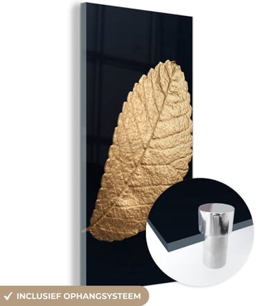MuchoWow® Glasschilderij 60x120 cm - Schilderij acrylglas - Goud - Bladeren - Zwart - Planten - Luxe - Natuur - Foto op glas - Schilderijen