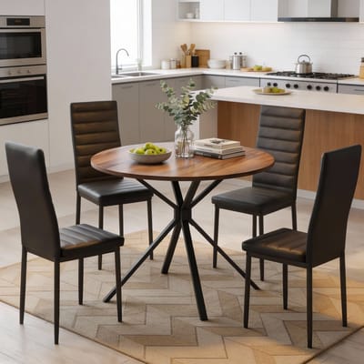 Bealife TB64 Eettafel en Stoelen voor 4 Personen - Moderne Eetkamer Stoelen Set met PU Leer - Huis Meubilair - Ronde Tafel - Zwart