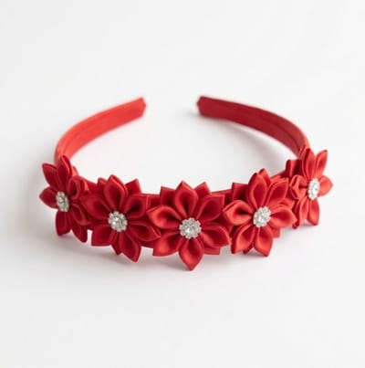Rode satijnen haarband dames met bloemen en strass – elegante haaraccessoire met bloemdecoratie