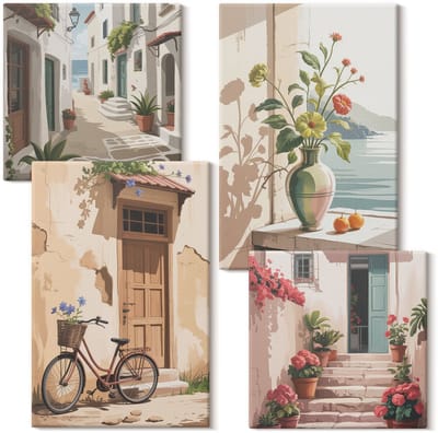 Wallfluent Set van canvas schilderijen - Beschilderde straten met bloemen en een fiets Canvas Schilderijen Set - Set van 4 Canvas Schilderijen - Romig Set van Canvas Prints - Steden Canvas Kunst Set - Boheemse Canvas Kunst Set