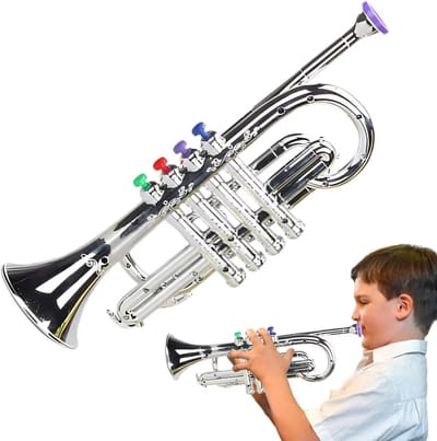 Speelgoedtrompet - Muziek Speelgoed - Muziek Ontdekken - 4 Kleppen - 37x10 cm - Zilver