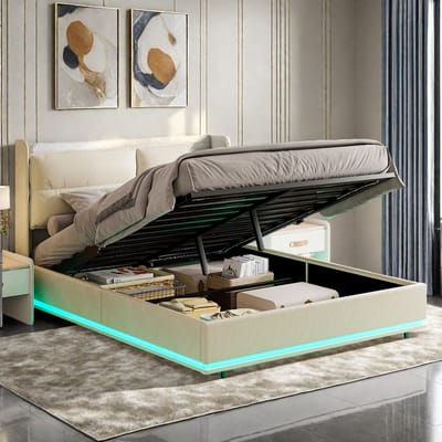 Modern gestoffeerd bed, LED tweepersoonsbed met USB, 140x200cm, hydraulisch bed met grote opbergruimte, met fluwelen rugkussen, zonder matras (verzonden in 2 pakketten)