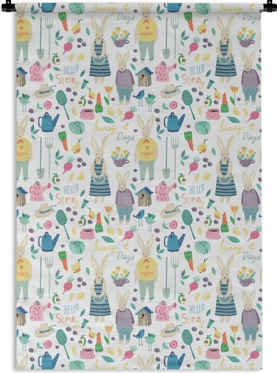 Wandkleed - Wanddoek - Patronen - Konijn - Lente - Tuin - 120x180 cm - Wandtapijt