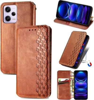 Luxe PU Lederen Ruitpatroon Wallet Case + Screenprotector voor Redmi Note 12 Pro 5G _ Bruin