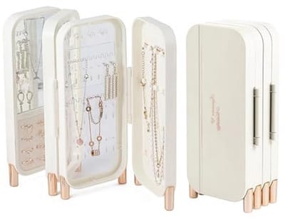Opvouwbare Sieraden Organizer met Spiegel, 4-Laags Stofdichte Organizer voor Oorbellen, Kettingen en Ringen, Ruimtebesparende Sieraden Box voor Vrouwen en Meisjes