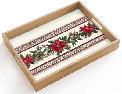Dienblad hout 40x30 cm - Schootdienblad - Kerststrook - Poinsettia - Rood - Groen - Borrelplank rechthoek - Plateau dienbladen