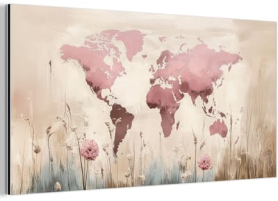 Aluminium schilderij 160x80 cm - Wanddecoratie metaal - Wereldkaart - Roze - Bloemen - Metalen muurdecoratie woonkamer - Decoratie industrieel - Foto op dibond - Industriële accessoires slaapkamer