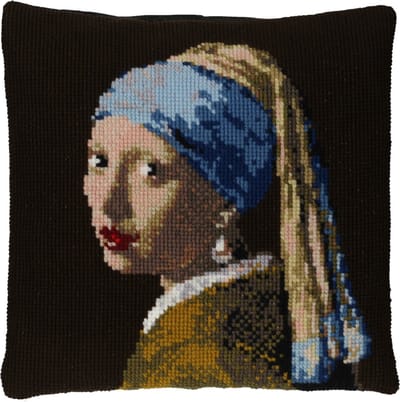 Pako borduurpakket wollen kruissteek kussen - Meisje met de Parel - geprint stramien - 160.804 - DIY kit -100% natuurlijke materialen