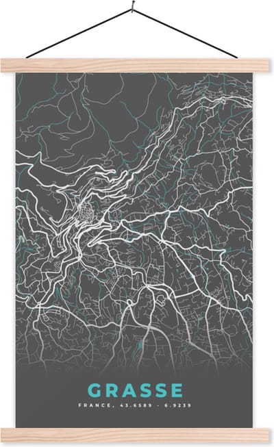 Posterhanger incl. Poster 40x60 cm - Schoolplaat - Grasse - Frankrijk - Stadskaart - Plattegrond - Kaart - Textielposter - Blanke latten - Stadskaart