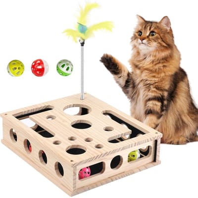 Houten Katten Doolhof Speelbord Set - Inclusief schuurpapier, willekeurige kattenhengel en 3 gekleurde balletjes, Duurzaam Massief Huisdierenspeelgoed voor Katten, Verrijking en Vermaak voor Binnenkatten