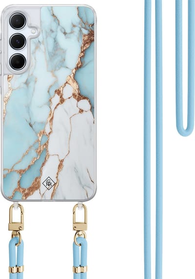 Casimoda® hoesje met koord - Geschikt voor Samsung A15 - Marmer Lichtblauw - Afneembaar koord - TPU/polycarbonaat - Blauw