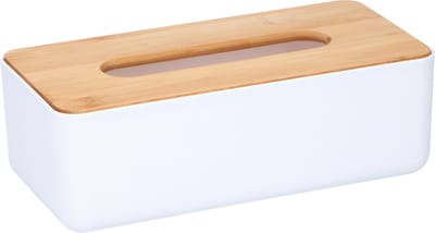 Alpina Tissuedoos/zakdoekjes box - wit/lichtbruin - kunststof - bamboe deksel - 26 x 13 x 9 cm