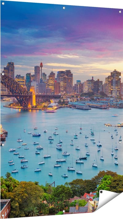 Gards Tuinposter Sydney Harbour Bridge in de Avond - 100x150 cm - Tuindoek - Tuindecoratie - Wanddecoratie buiten - Tuinschilderij