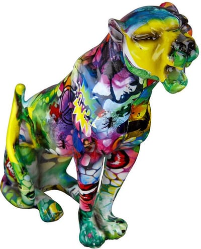 Cheetah street art geeltinten 21.5 cm hoog - figuur - beeldje - interieur - voor binnen - kleurrijk - decoratie - stuk - kunststof - origineel - cadeau - geschenk - gift - verjaardag - Kerst - Nieuwjaar - Pasen - Valentijn
