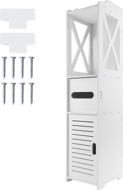 Staande Badkamer Opbergkast met Open Planken & Toiletrolhouder - Wit Badkamerkast - Geen Boren, Eenvoudig te Monteren - Voor Badkamer, Keuken & Slaapkamer