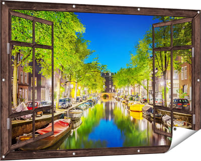 Gards Tuinposter Doorkijk Amsterdamse Gracht in de Nacht - 150x100 cm - Tuindoek - Tuindecoratie - Wanddecoratie buiten - Tuinschilderij
