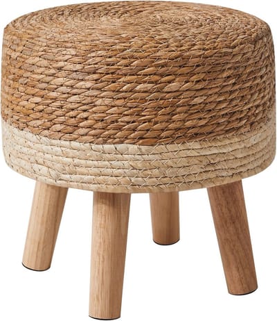 Ronde Houten Voetensteun - Handgeweven Zitting, Zacht Geïsoleerd, Multifunctioneel voor Woonkamer en Slaapkamer - 32 x 32 x 32 cm - Beige
