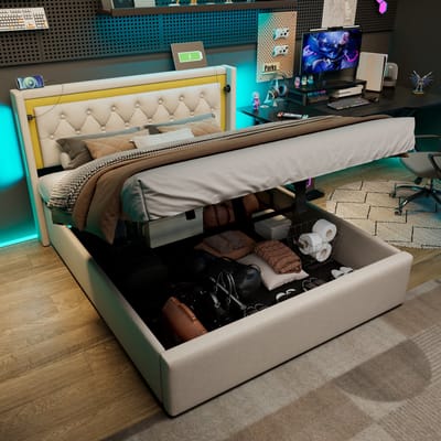 REDOM Bedframe 140x200 cm – Katoen – LED-hoofdbord & USB/Type-C – Bedkist – Hellbeige & Mosterdgeel – 300 kg
