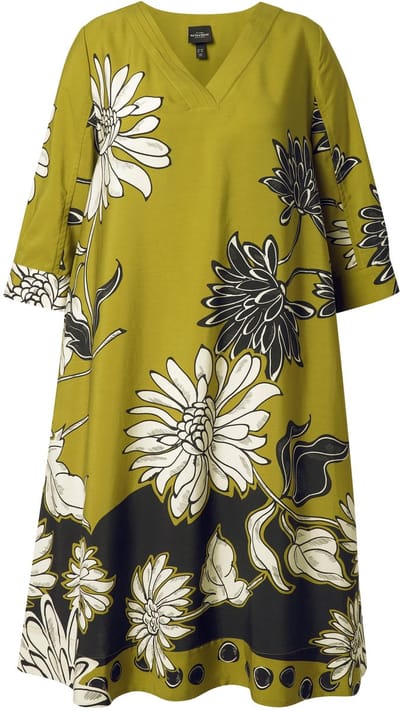 Ulla Popken - Dames - Lyocell midi-jurk bloemen V-hals 3/4-mouwen - Mosterdgroen - Maat 46+