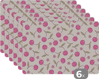 Placemat - Placemats kunststof - Kersen - Bloemen - Stippen - Patronen - 45x30 cm - 6 stuks - Hittebestendig - Anti-Slip - Onderlegger - Afneembaar
