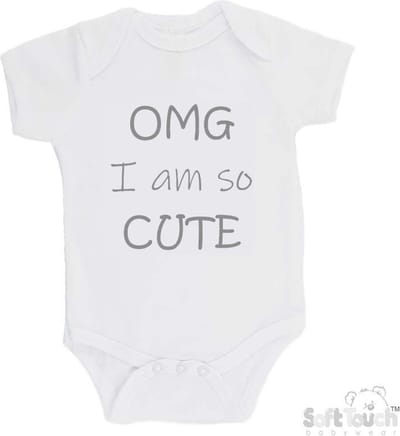100% katoenen Romper "OMG I am so CUTE" Unisex Katoen Wit/grijs Maat 56/62