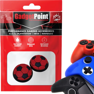 Gadgetpoint - Thumb Grips voor PlayStation, PS5, Xbox X/S, One & Switch Pro Controller - Gaming Thumbgrips - Performance Anti-Slip Thumbsticks - Bescherming Accessoires - Voetbal - Rood met Zwart