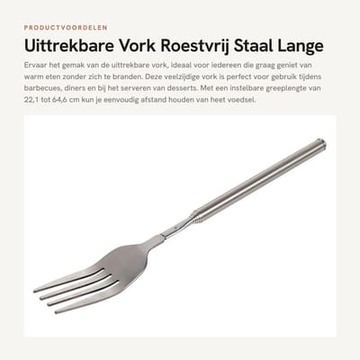 Dailygoods- Uittrekbare Vork - Roestvrij Staal - Lange Handgreep - Verstelbaar 22,1-64,6 cm - Ideaal voor Barbecue/Diner - Geschikt voor Dessert - Bestek