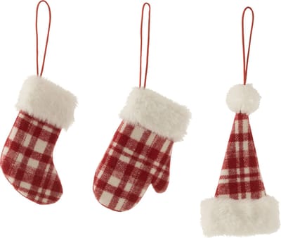J-Line Kersthanger kerstkledij - textiel - rood & wit - 16 cm - 3 stuks - kerstboomversiering