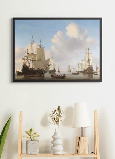 Poster In Zwarte Lijst - VOC Schepen - Hollandse Schepen op een kalme zee - Gouden Eeuw - Large 50x70 cm