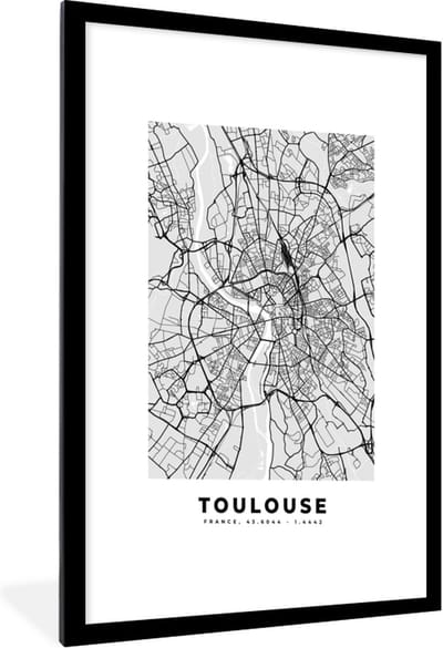 Fotolijst incl. Poster - Frankrijk - Plattegrond - Kaart - Toulouse - Stadskaart - 60x90 cm - Posterlijst