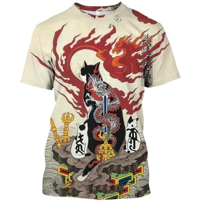 Japanse mythologie samoerai kat 3D harajuku print heren t-shirt grafische zomer nieuwe heren en dames dagelijkse ronde hals korte mouw t-shirt tops 2XL beige