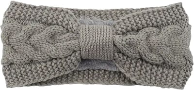 Lichtgrijze gebreide haarband dames met fleece binnenkant - grijze hoofdband - one size - winterse haarband met strik - STUDIO Ivana