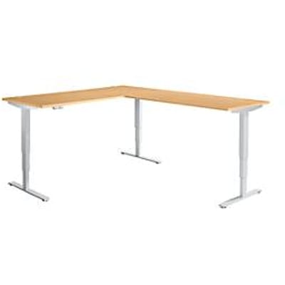 AERO FLEX hoekbureau, elektrisch in hoogte verstelbaar, hoek 90°, T-voet, B 2000 x D 2400 mm, beuken/blank aluminium + memoryplaat