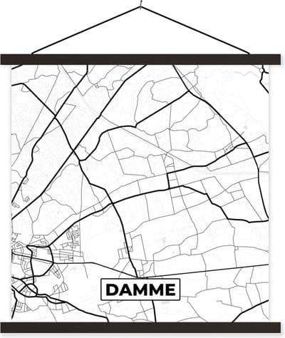 Posterhanger incl. Poster 60x60 cm - Schoolplaat - België – Damme – Stadskaart – Kaart – Zwart Wit – Plattegrond - Textielposter - Zwarte latten - Stadskaart