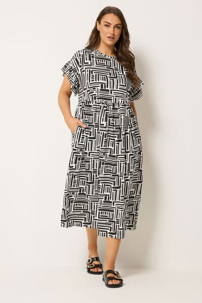Yours Zwarte Jurk Met Abstracte Print En Ruches Aan De Mouwen Size 42